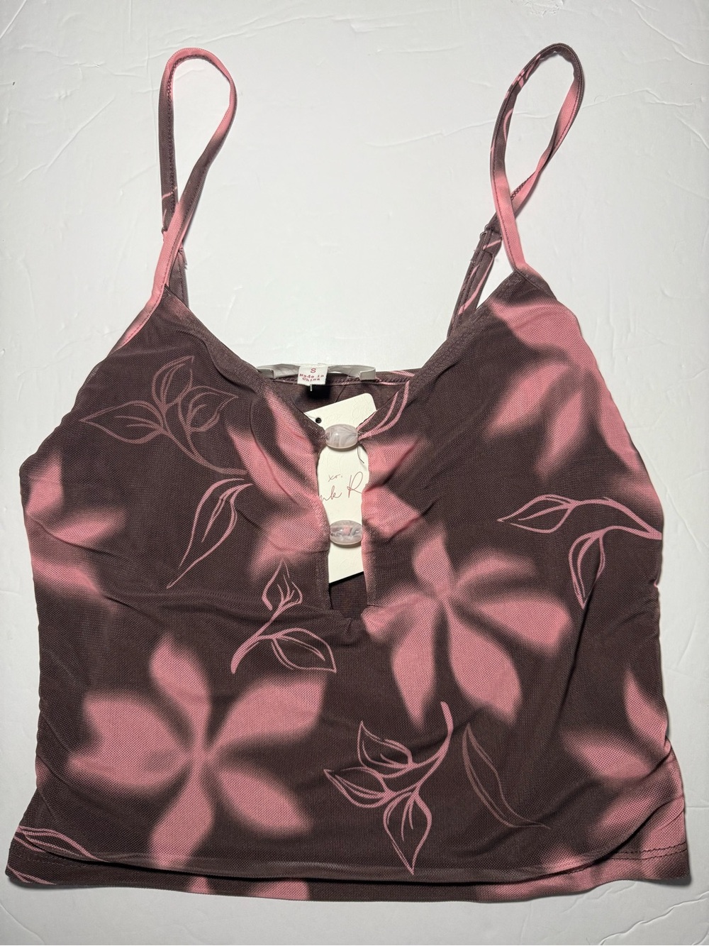 Pink Rose Brown Purple Floral Cami Top - Size S - Y2K Front Stone Detail - NWT